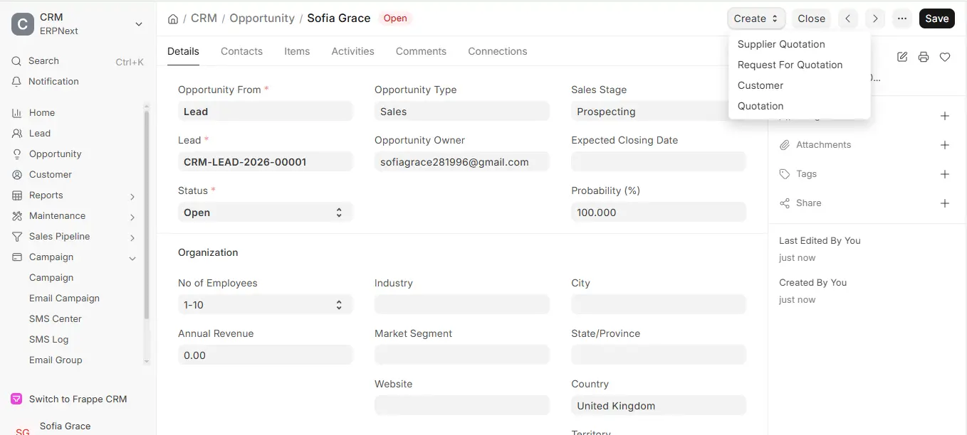Quotation option highlighted in ERPNext Opportunity Create dropdown menu