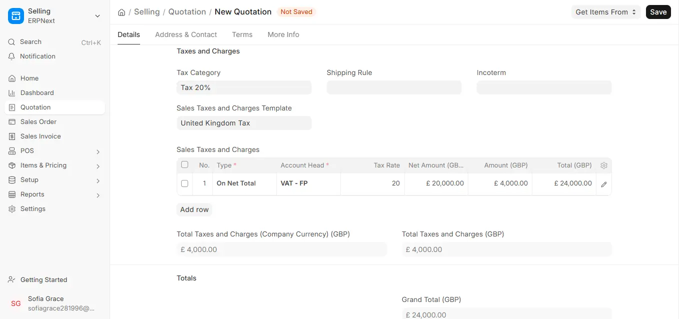 ERPNext Quotation Sales Taxes and Charges showing VAT calculation at 20 percent
