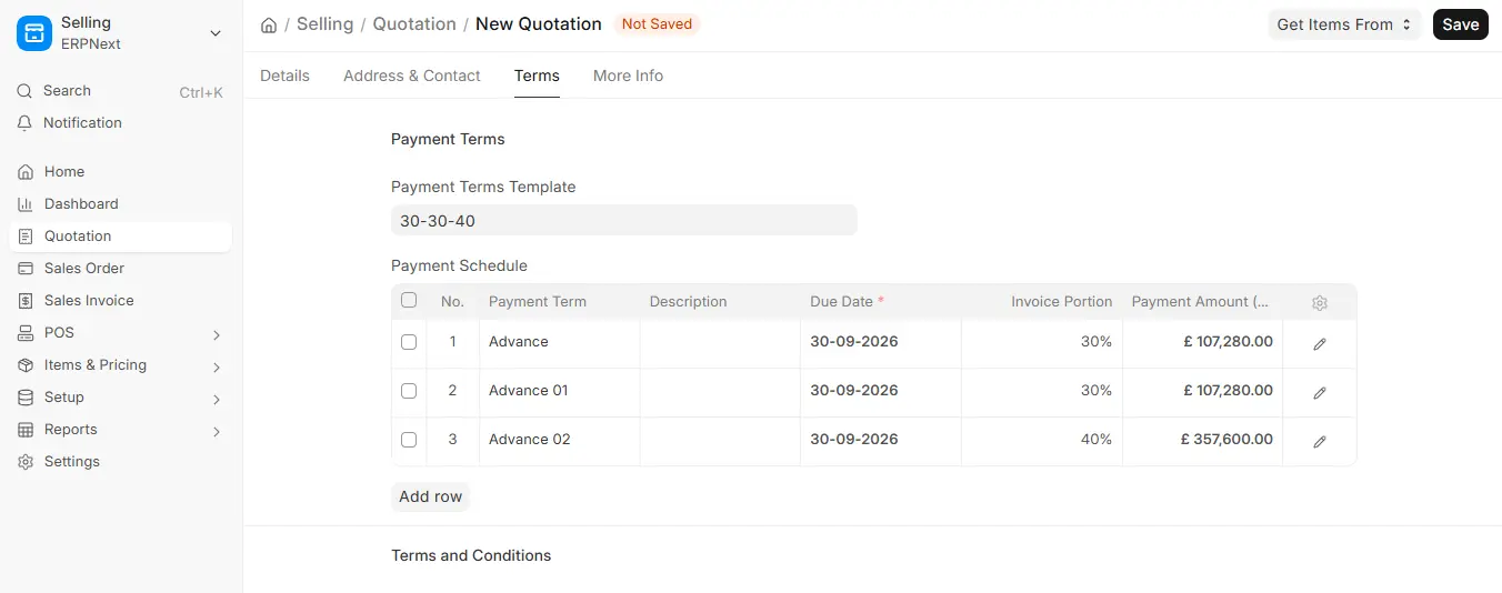 ERPNext Quotation Payment Schedule using 30-30-40 Payment Terms Template