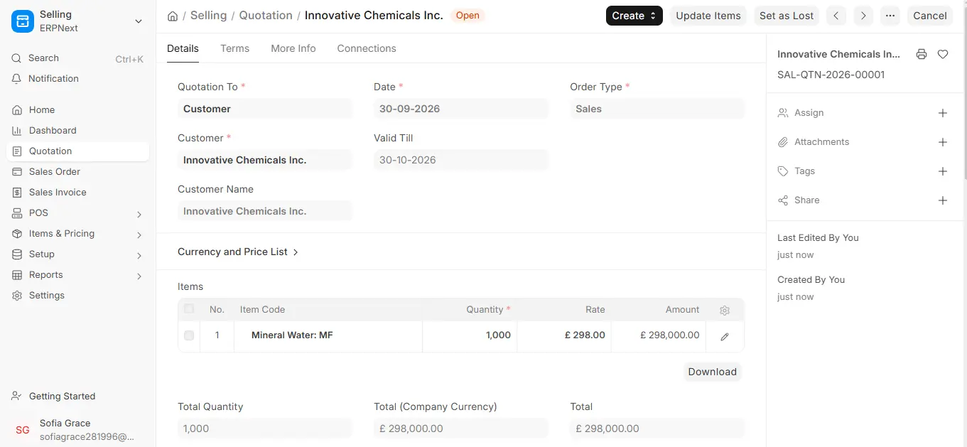 ERPNext submitted Quotation for Innovative Chemicals Inc with Mineral Water item