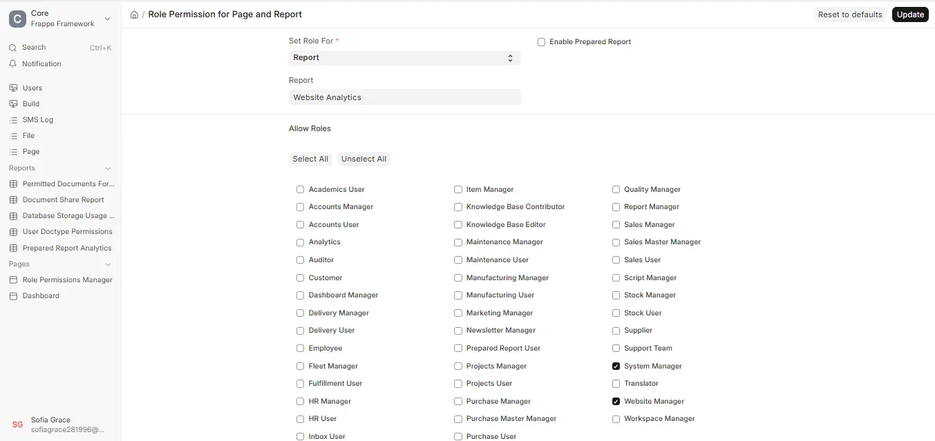 ERPNext Role Permission for Page and Report showing allowed roles for Website Analytics report