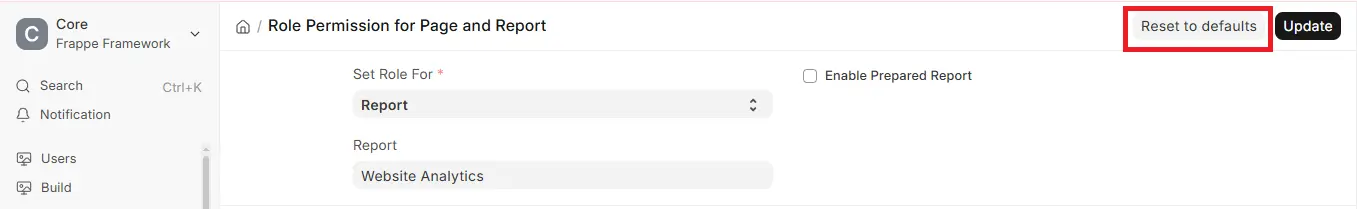 Reset to defaults button highlighted in ERPNext Role Permission for Page and Report