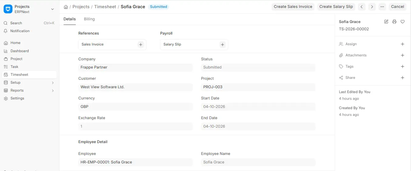Submitted Timesheet in ERPNext showing customer, project, dates and Create Salary Slip and Create Sales Invoice buttons