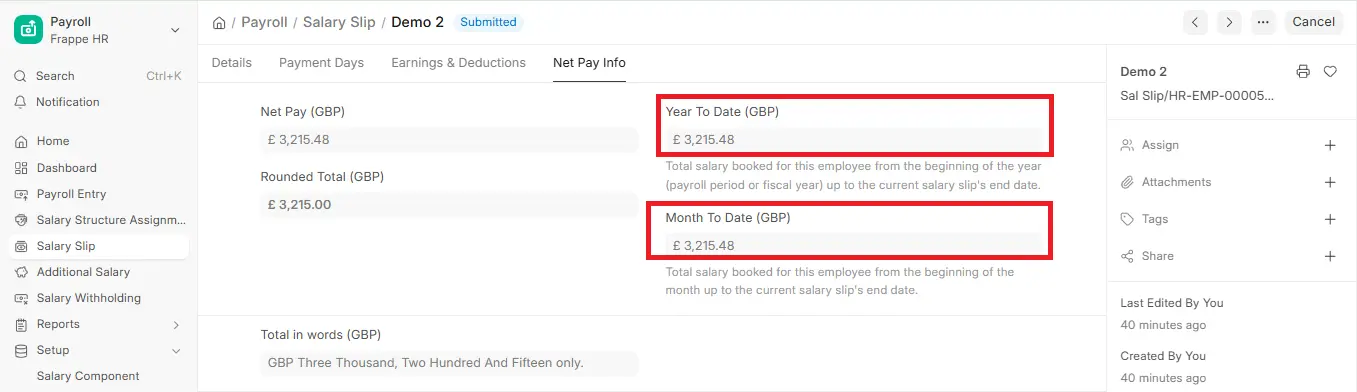 Net Pay Info tab in ERPNext Salary Slip with Year To Date and Month To Date fields highlighted, amounts in GBP