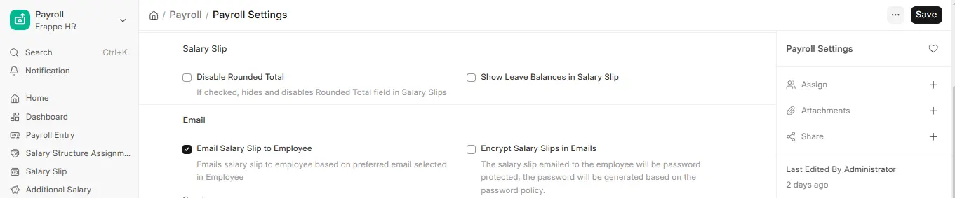 Payroll Settings in ERPNext HR showing Salary Slip options and Email Salary Slip to Employee setting enabled