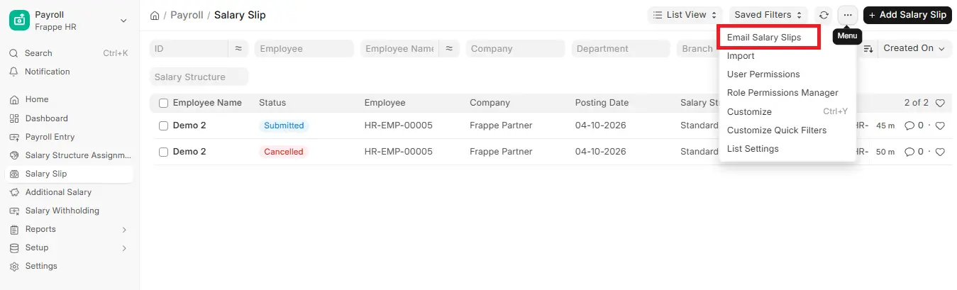 Salary Slip list in ERPNext HR with the Email Salary Slips option highlighted in the three-dot menu