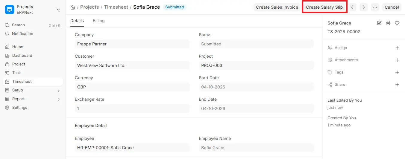 ERPNext Timesheet showing Create Salary Slip option for an employee project timesheet
