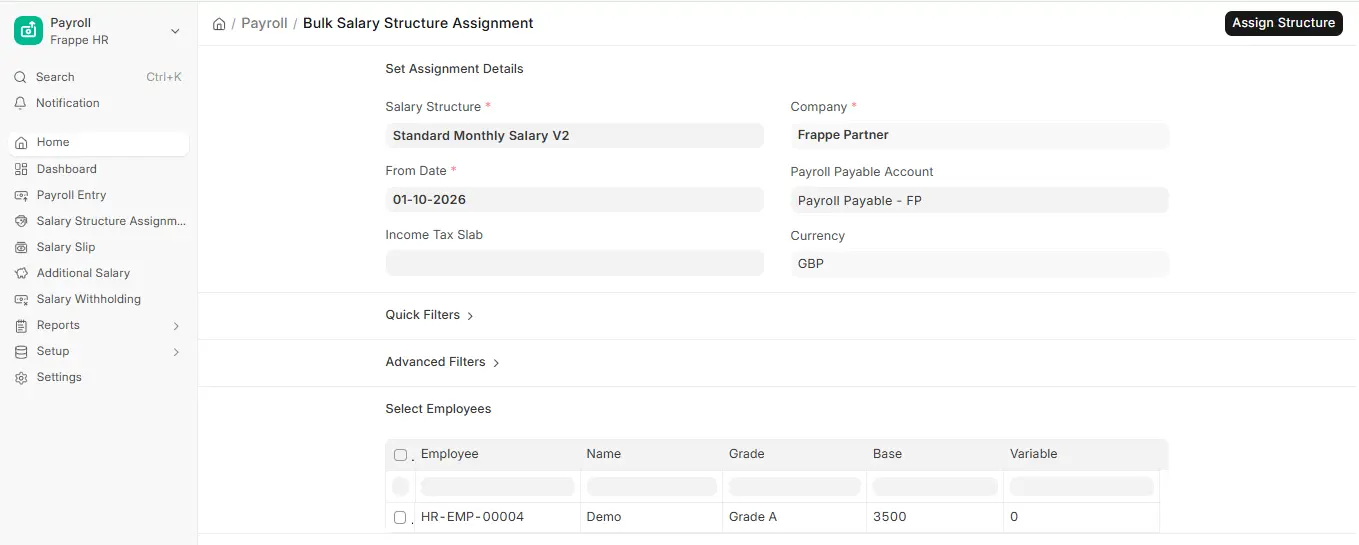 Bulk Salary Structure Assignment in ERPNext HR with salary structure, from date, employee filters and Assign Structure button