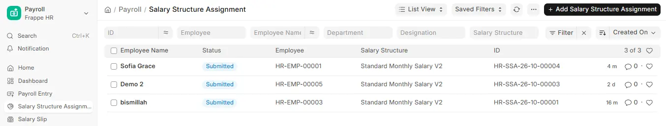 Salary Structure Assignment list in ERPNext HR showing submitted assignments with employee names and Standard Monthly Salary structure