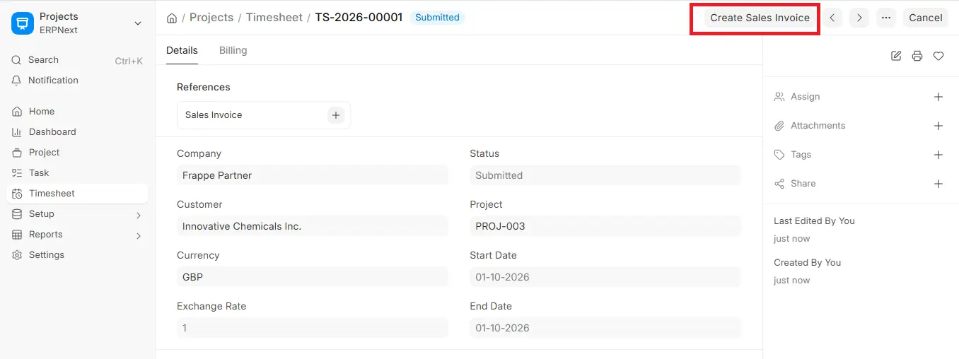 Create Sales Invoice button highlighted on submitted ERPNext Timesheet