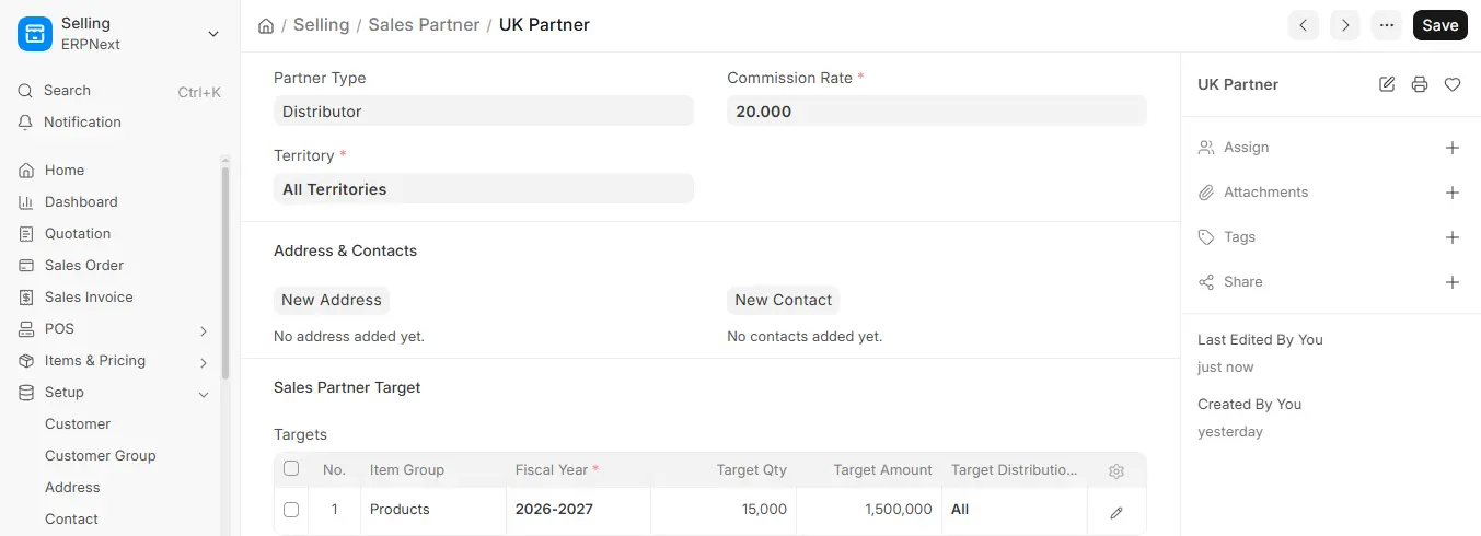 ERPNext Sales Partner form for UK Partner showing Commission Rate and Sales Partner Target details