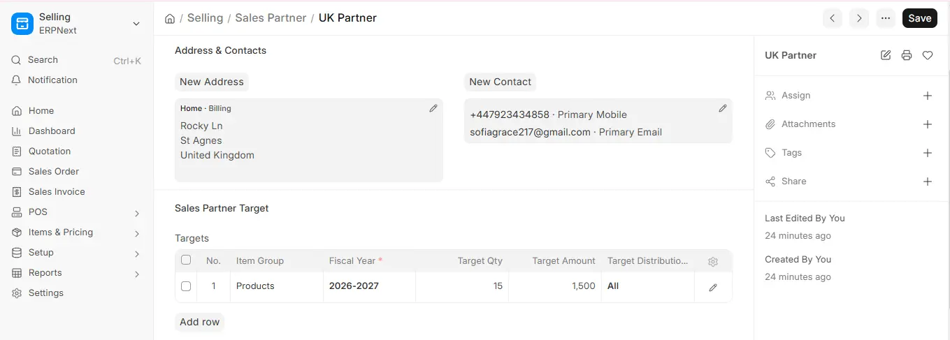 UK Partner record in ERPNext displaying address, contact details, and Products sales target