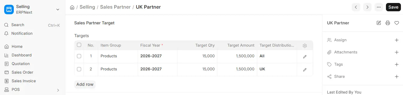 ERPNext Sales Partner Target table showing two Products target rows with different territory distribution