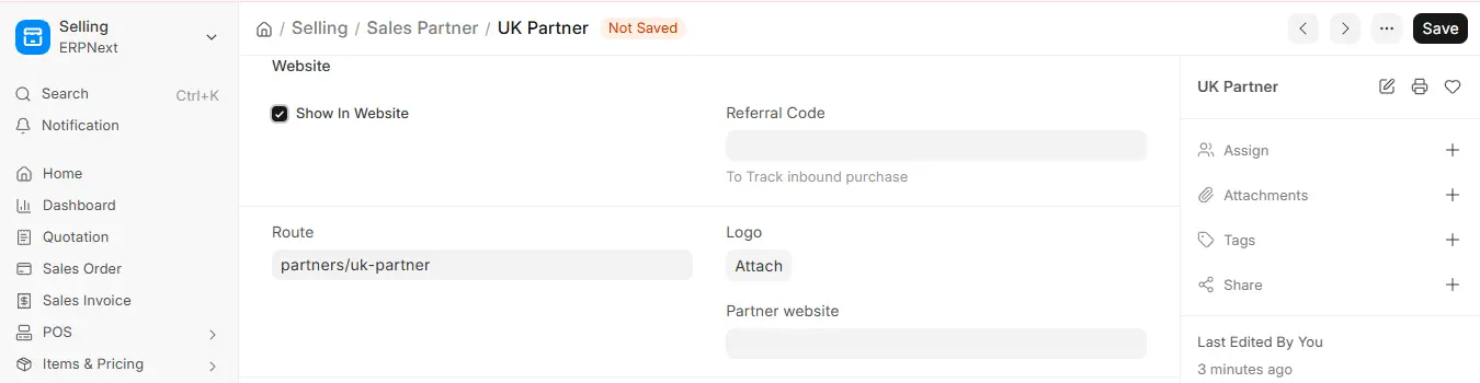 ERPNext Sales Partner Website settings showing Show In Website option and Referral Code fields