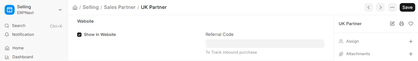 Sales Partner UK Partner page showing Website tab with Referral Code field