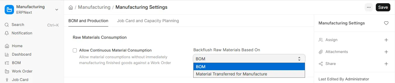 ERPNext Manufacturing Settings Backflush Raw Materials Based On dropdown showing BOM option
