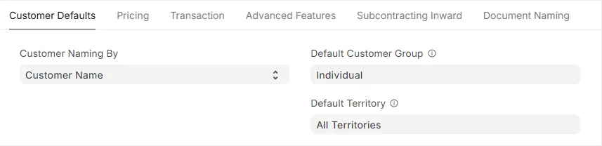 ERPNext Selling Settings Customer Defaults tab with naming and territory options