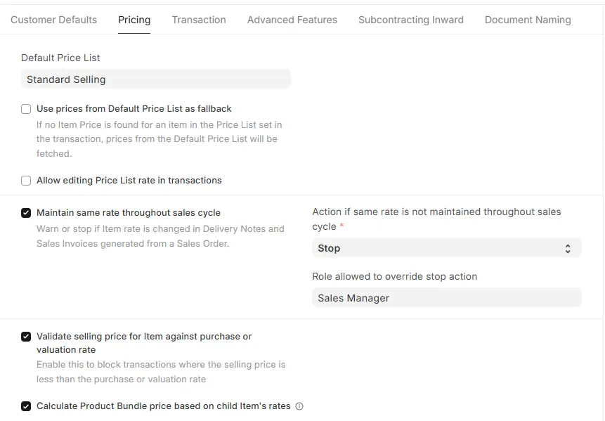 ERPNext Selling Settings Pricing tab with default price list and rate validation options