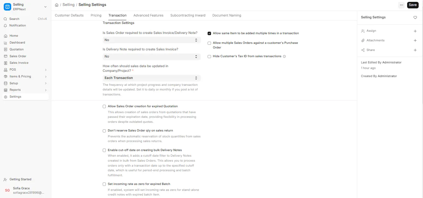 ERPNext Selling Settings transaction options for Sales Order, Delivery Note and Sales Invoice