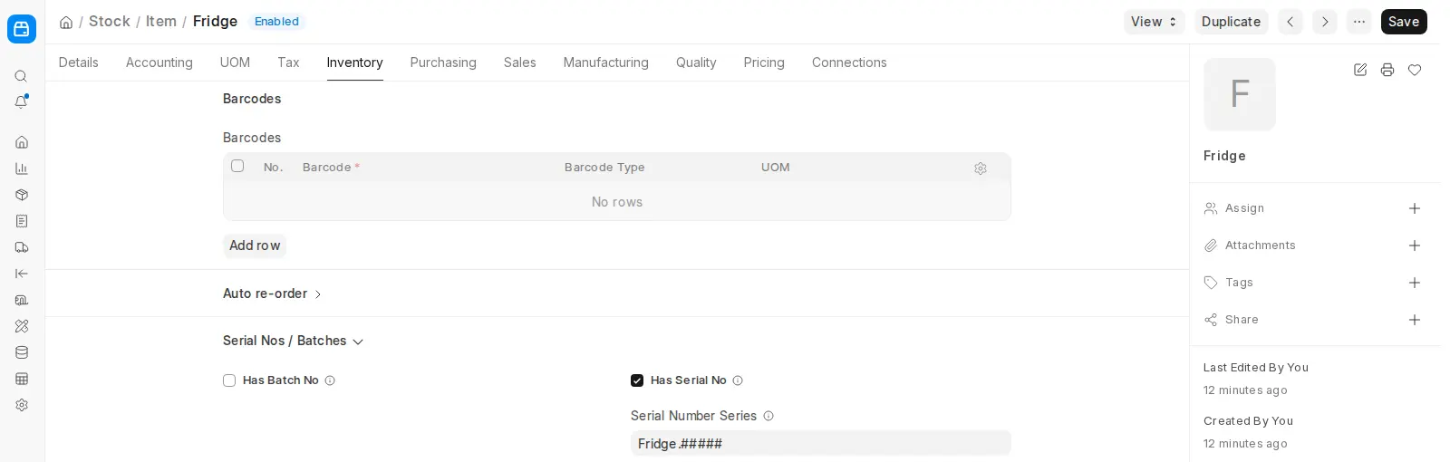 ERPNext Item Inventory tab showing Has Serial No enabled with series