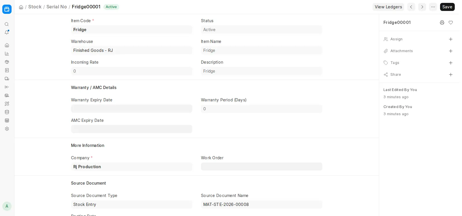ERPNext Serial No detail page showing warehouse and warranty information