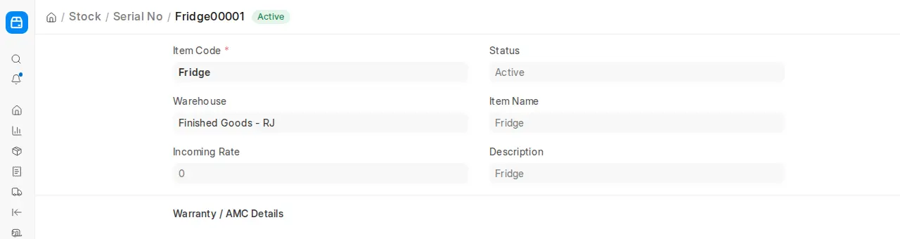 ERPNext Serial No page showing item code and warehouse status