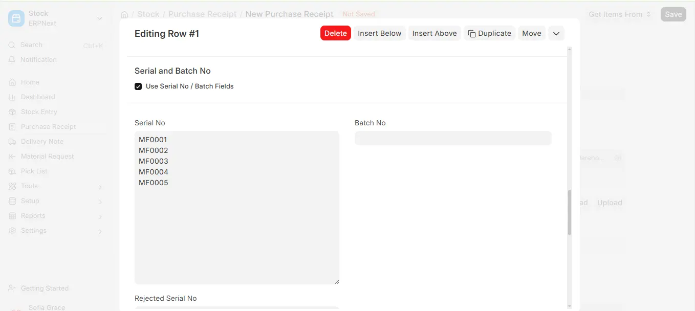 ERPNext Purchase Receipt row showing auto-generated Serial Nos MF0001 to MF0005