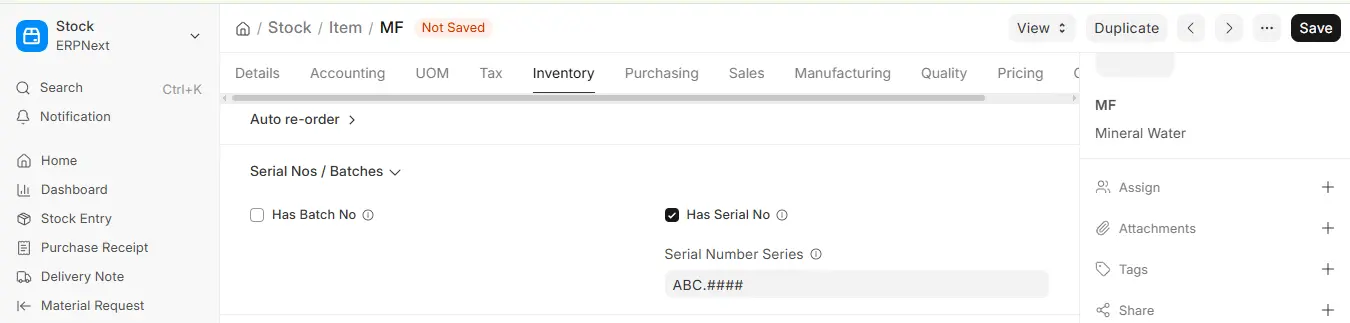 ERPNext Item Inventory tab with Has Serial No enabled and Serial Number Series ABC format