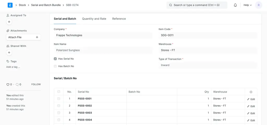 ERPNext Serial and Batch Bundle showing serial numbers for Polarized Sunglass item inward transaction
