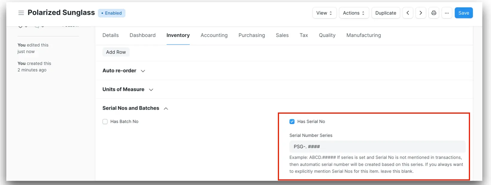 Has Serial No option with Serial Number Series highlighted in ERPNext Item Inventory settings