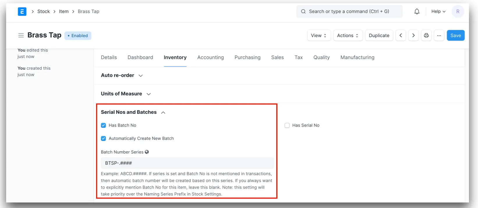 Has Batch No option with Automatically Create New Batch highlighted in ERPNext Item Inventory settings