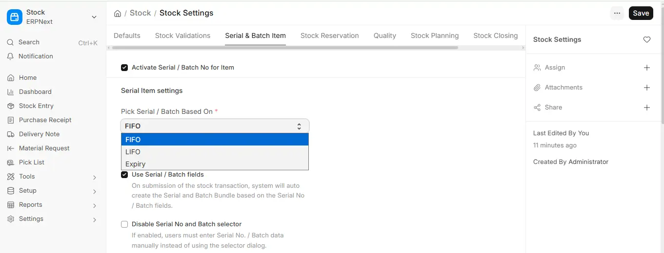 ERPNext Stock Settings showing Serial and Batch Item configuration with FIFO, LIFO, and Expiry options