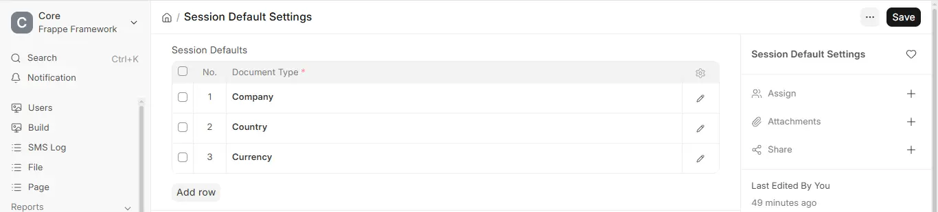 ERPNext Session Default Settings page with Company, Country and Currency document types in the Session Defaults table