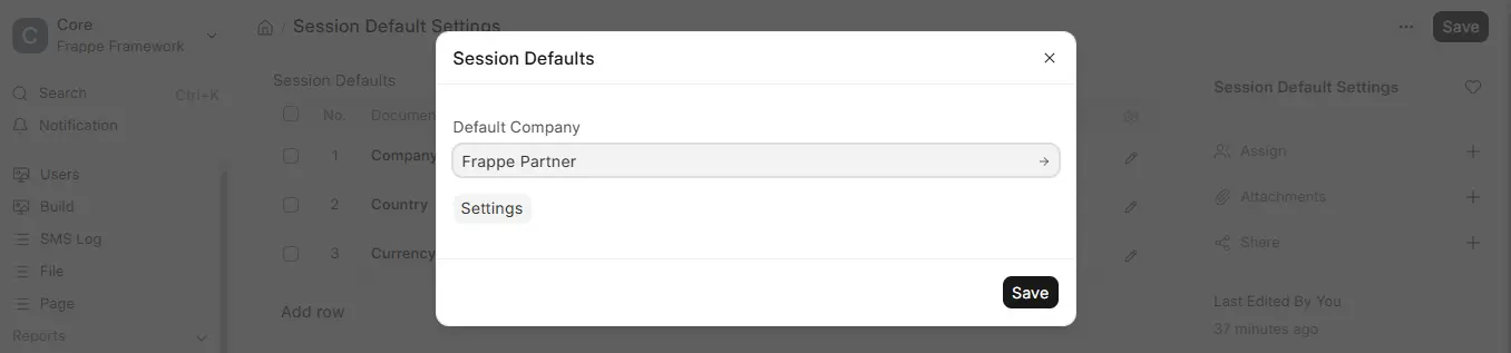 ERPNext Session Defaults popup with Default Company field set to Frappe Partner and a Save button