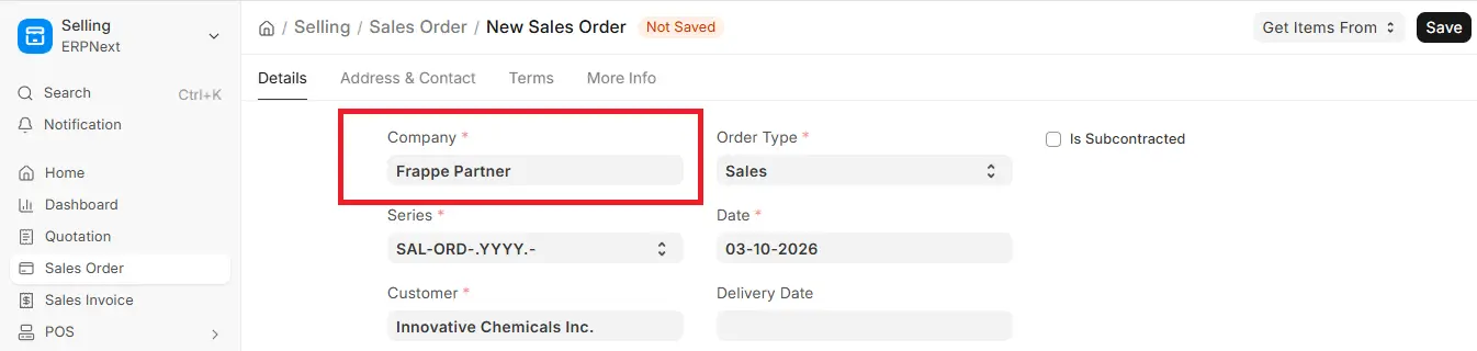 ERPNext new Sales Order form with Company field highlighted and automatically filled from Session Defaults
