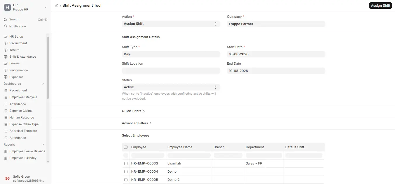 Frappe HR Shift Assignment Tool showing shift type, assignment dates, shift status, and employee selection