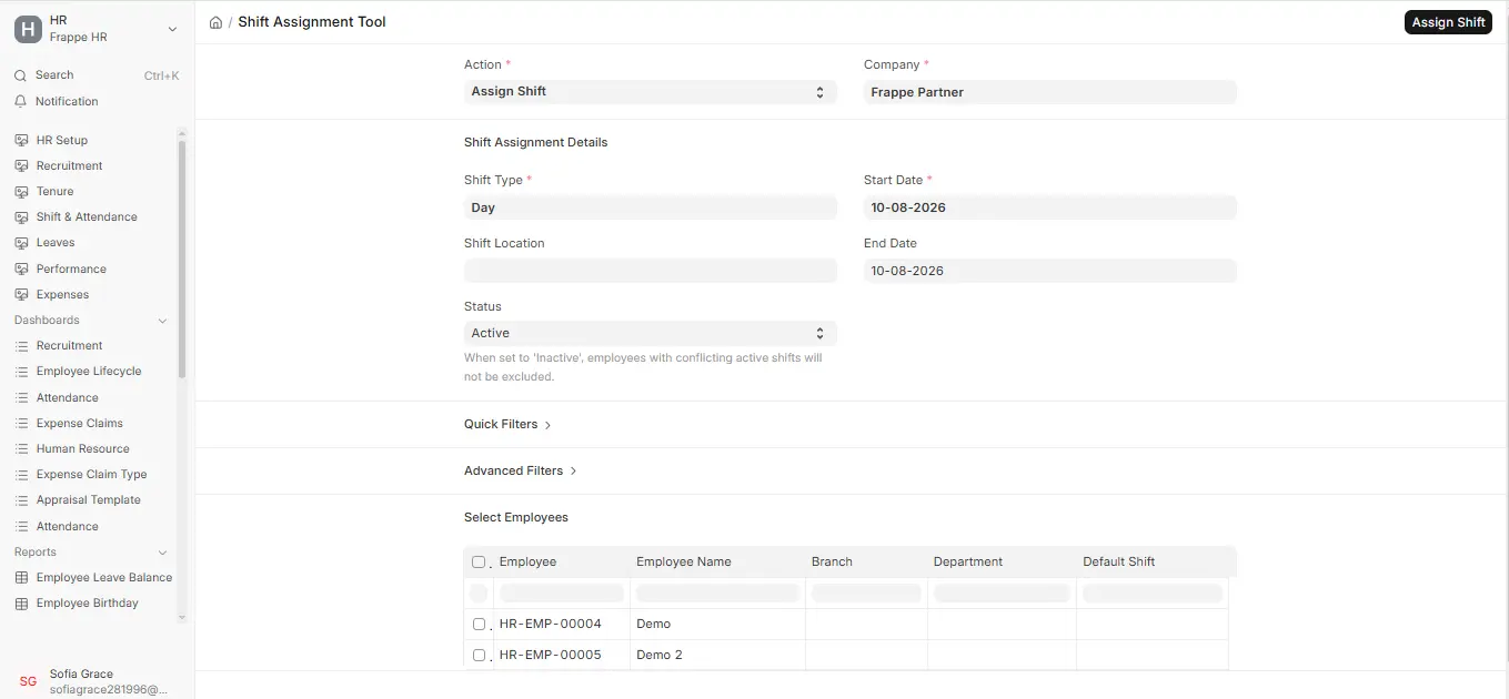 Frappe HR Shift Assignment Tool showing active day shift details, assignment dates, and employee selection
