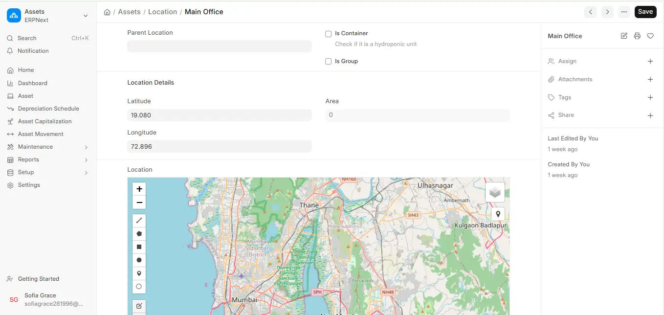 Location form in ERPNext showing latitude, longitude and an interactive map with geofence drawing tools for Main Office