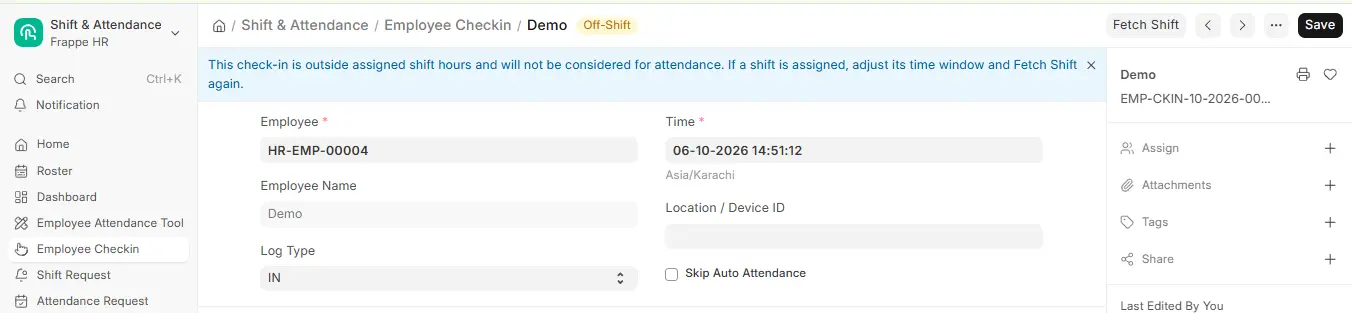 Employee Checkin form in ERPNext HR showing Off-Shift status, IN log type and message that check-in is outside shift hours