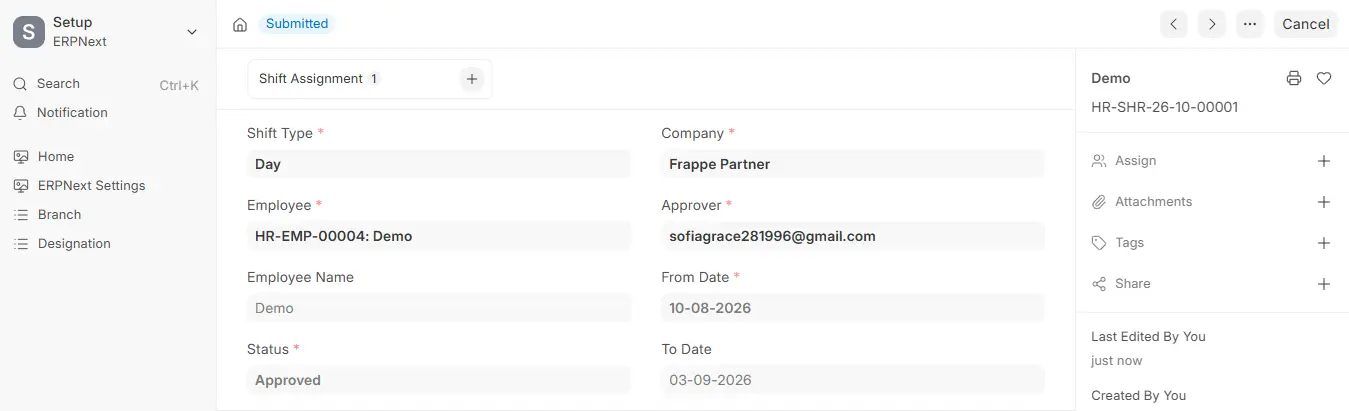 Frappe HR Shift Request with Submitted status showing shift type, employee, approver, from date, to date and approved status
