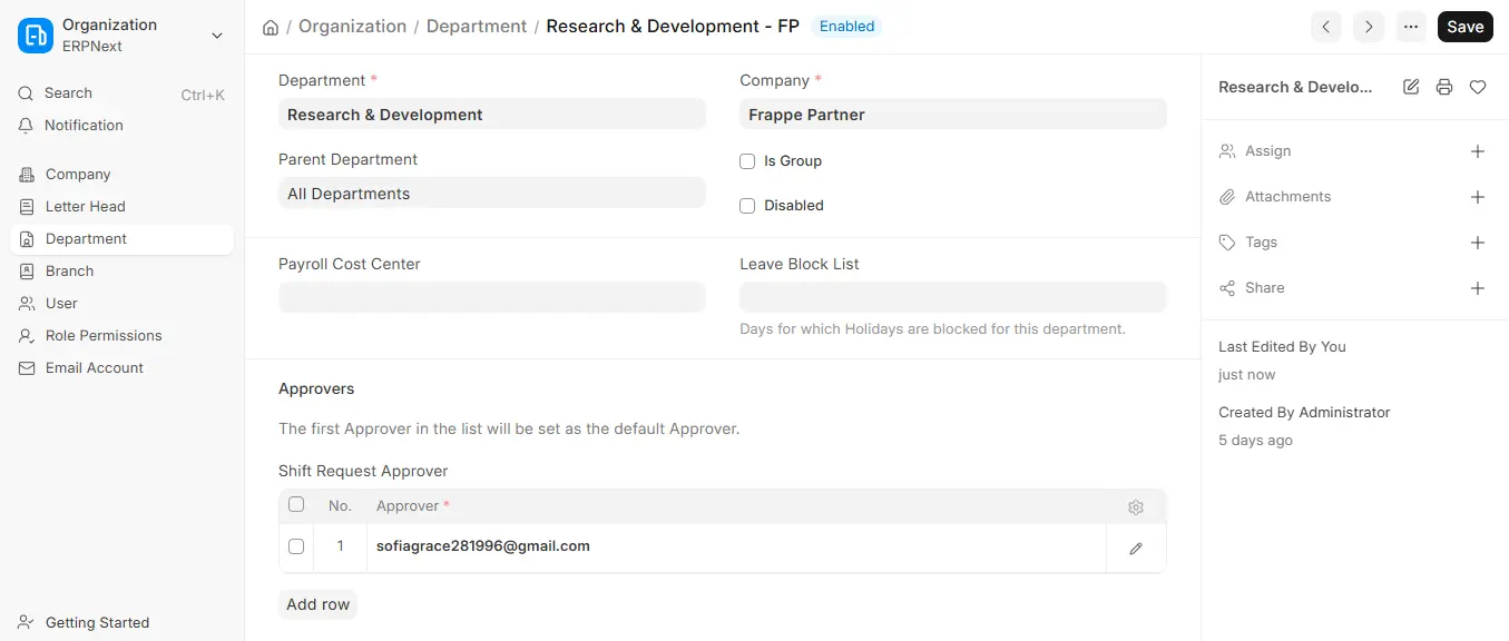 Frappe HR Department form for Research and Development with Shift Request Approver table and default approver