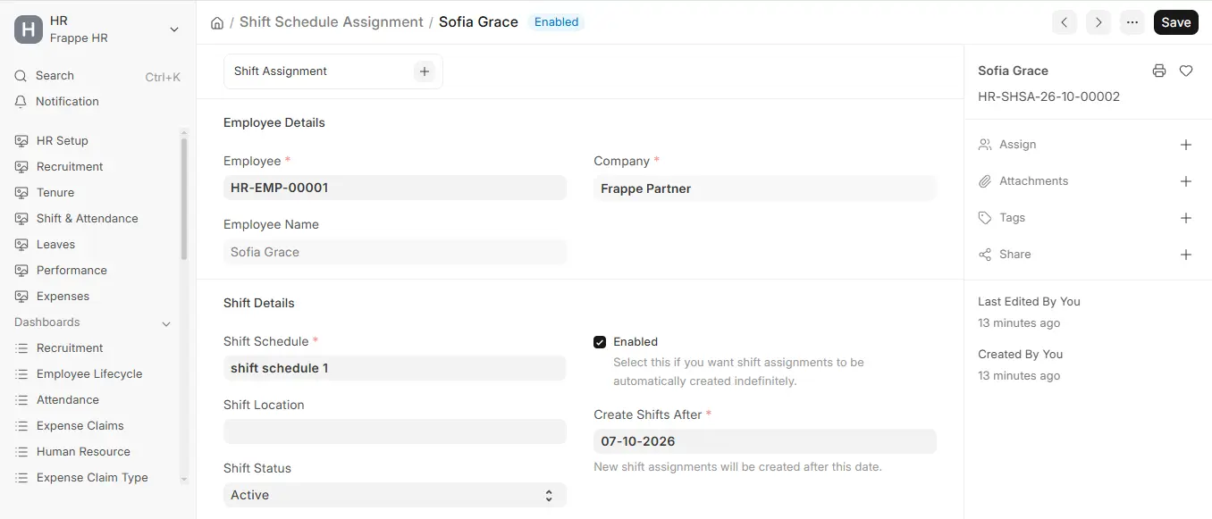 Shift Schedule Assignment in ERPNext HR showing employee, shift schedule, shift status and automatic shift creation date