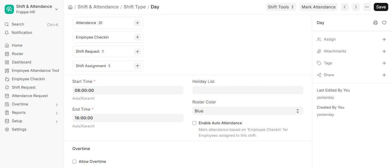 Shift Type form in ERPNext HR (Frappe HR) showing shift start time, end time, auto attendance and overtime settings
