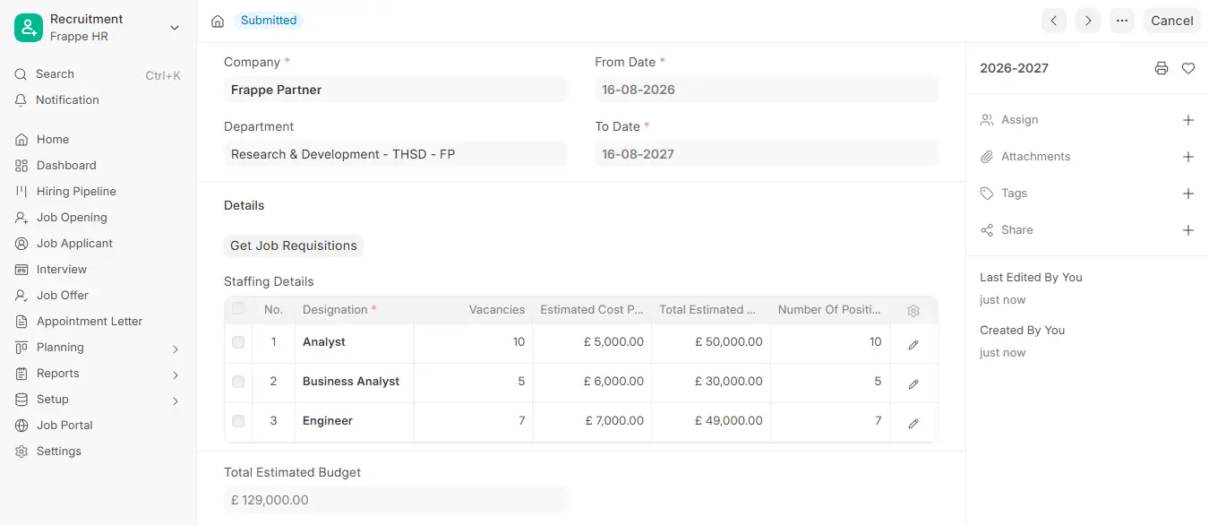 Frappe HR Staffing Plan form with submitted status, department, date range, staffing details and total estimated budget
