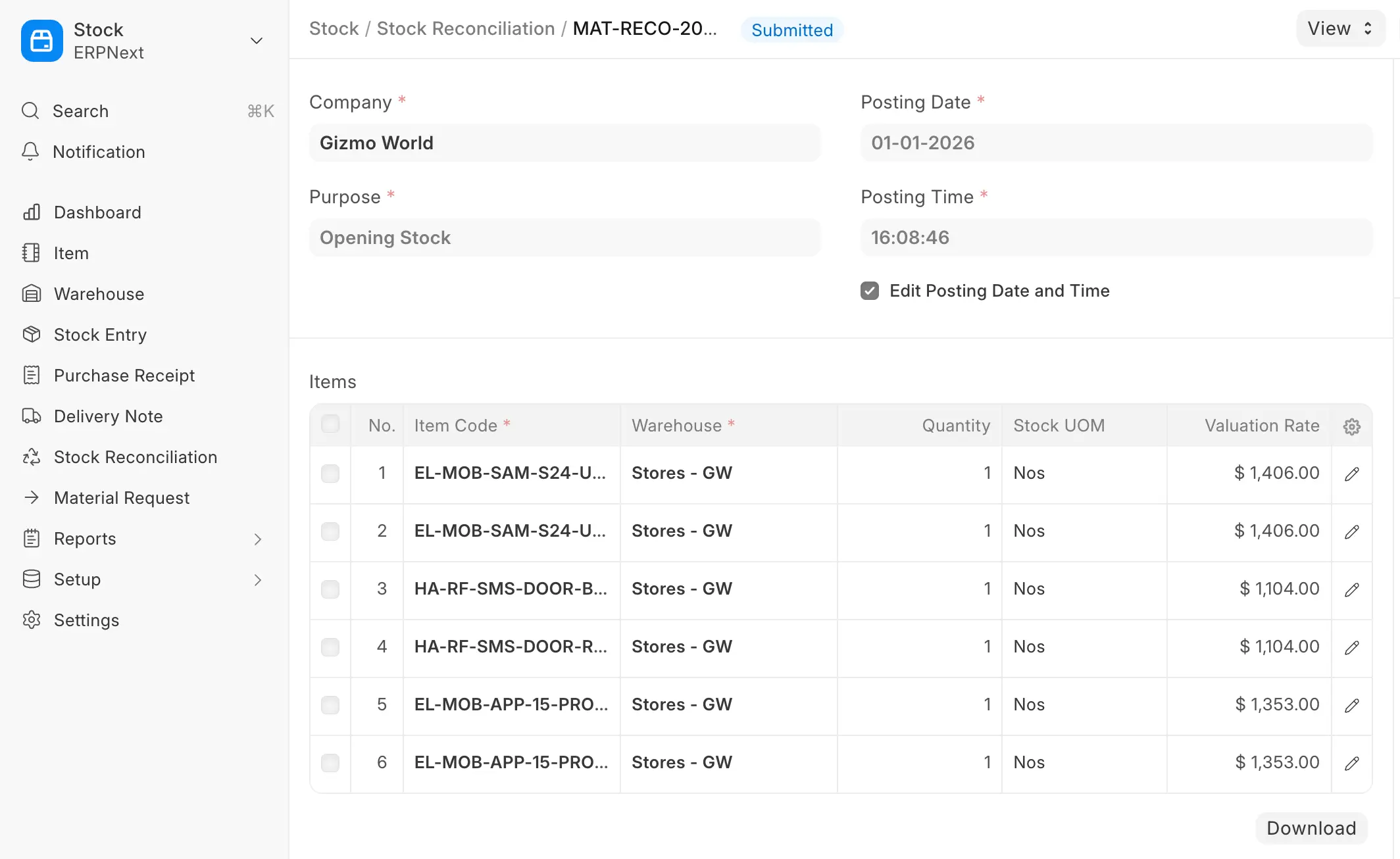ERPNext Stock Reconciliation for Opening Stock showing item quantities and valuation rates