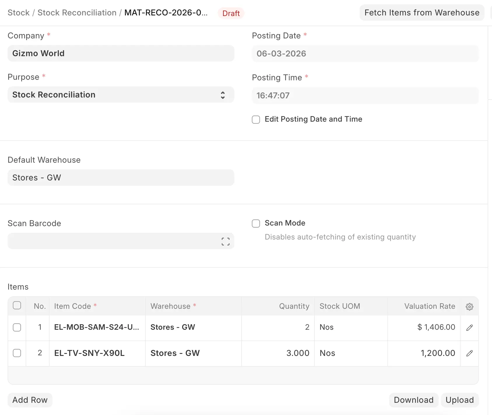 ERPNext draft Stock Reconciliation with Fetch Items from Warehouse and Scan Barcode options