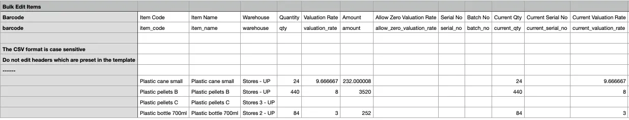 ERPNext Bulk Edit Items CSV template for Stock Reconciliation with item codes and quantities