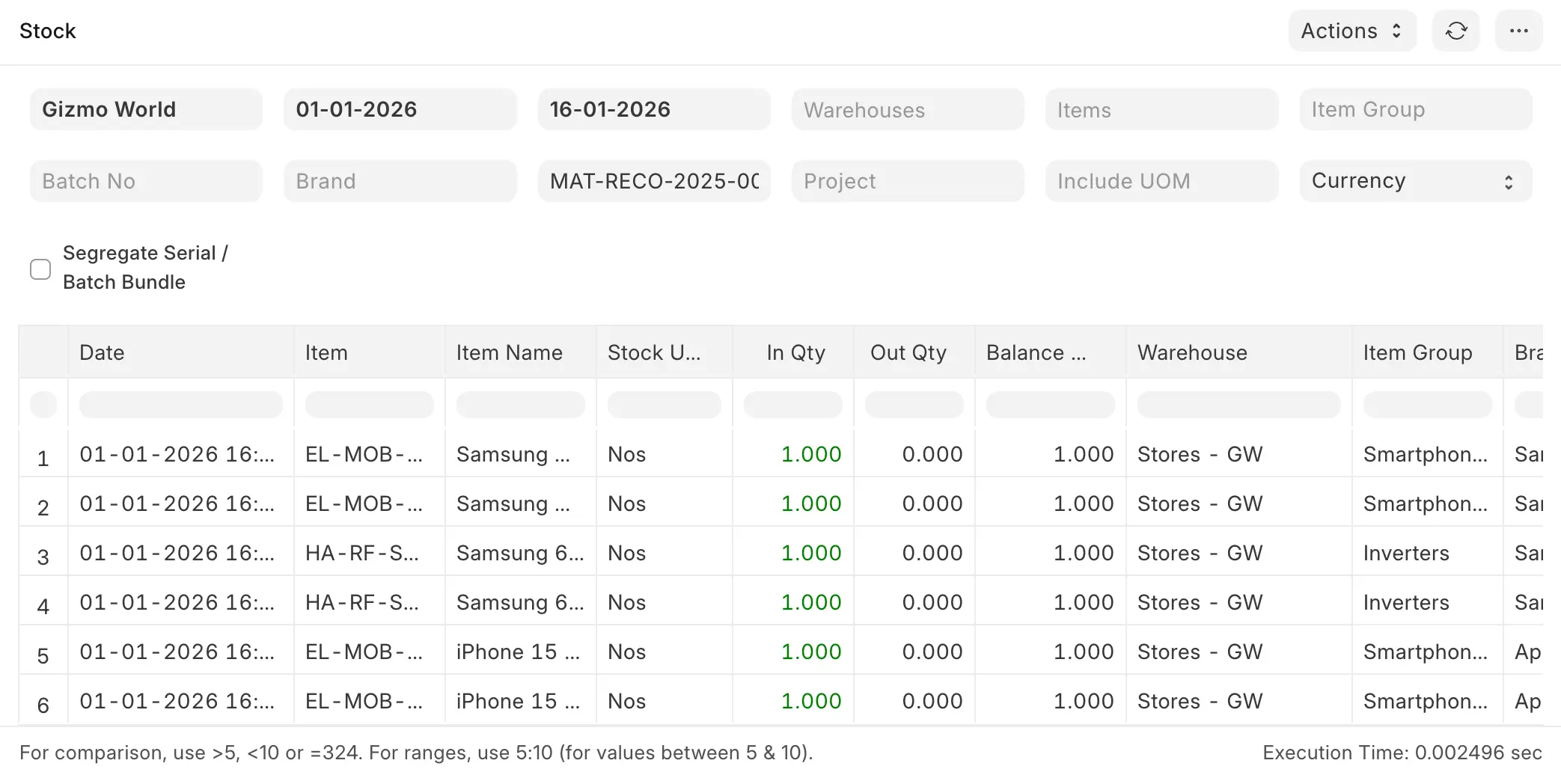 ERPNext Stock Ledger report showing In Qty, Out Qty and Balance after Stock Reconciliation