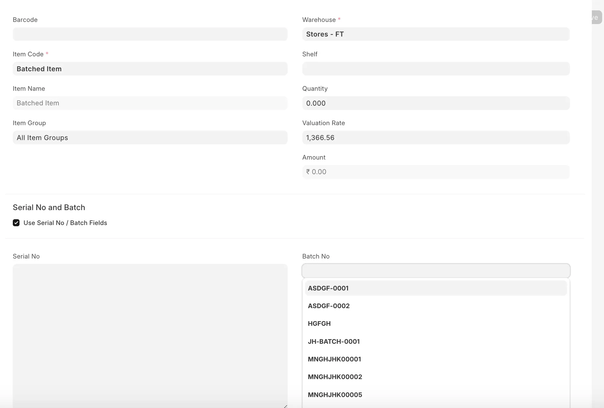 ERPNext Stock Reconciliation item row with Batch No dropdown for batched item