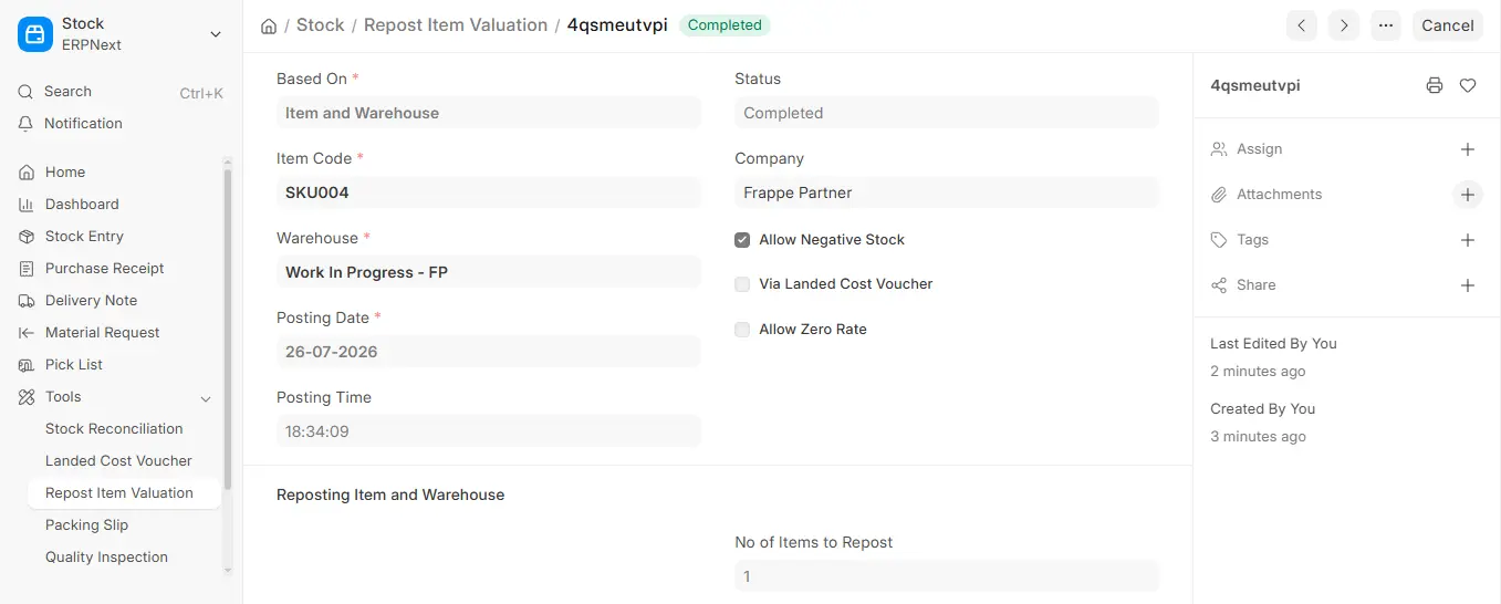 Repost Item Valuation form in ERPNext v16 based on Item and Warehouse
